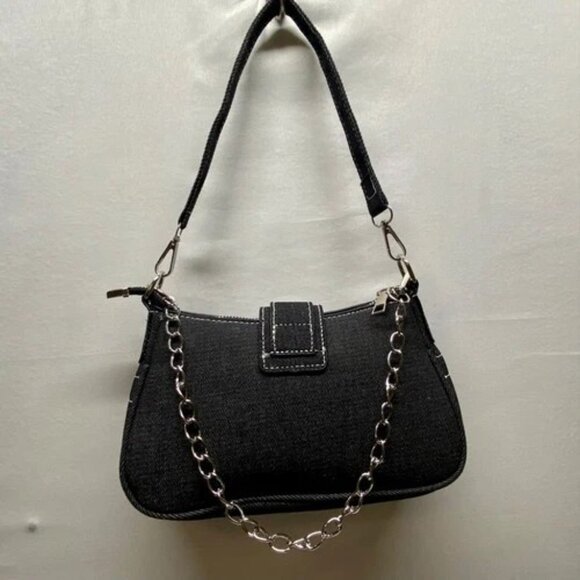 Y2K Star Denim Shoulder Bag Retro Black Underarm Cloth Purse Splicing Chain New - Picture 2 of 15